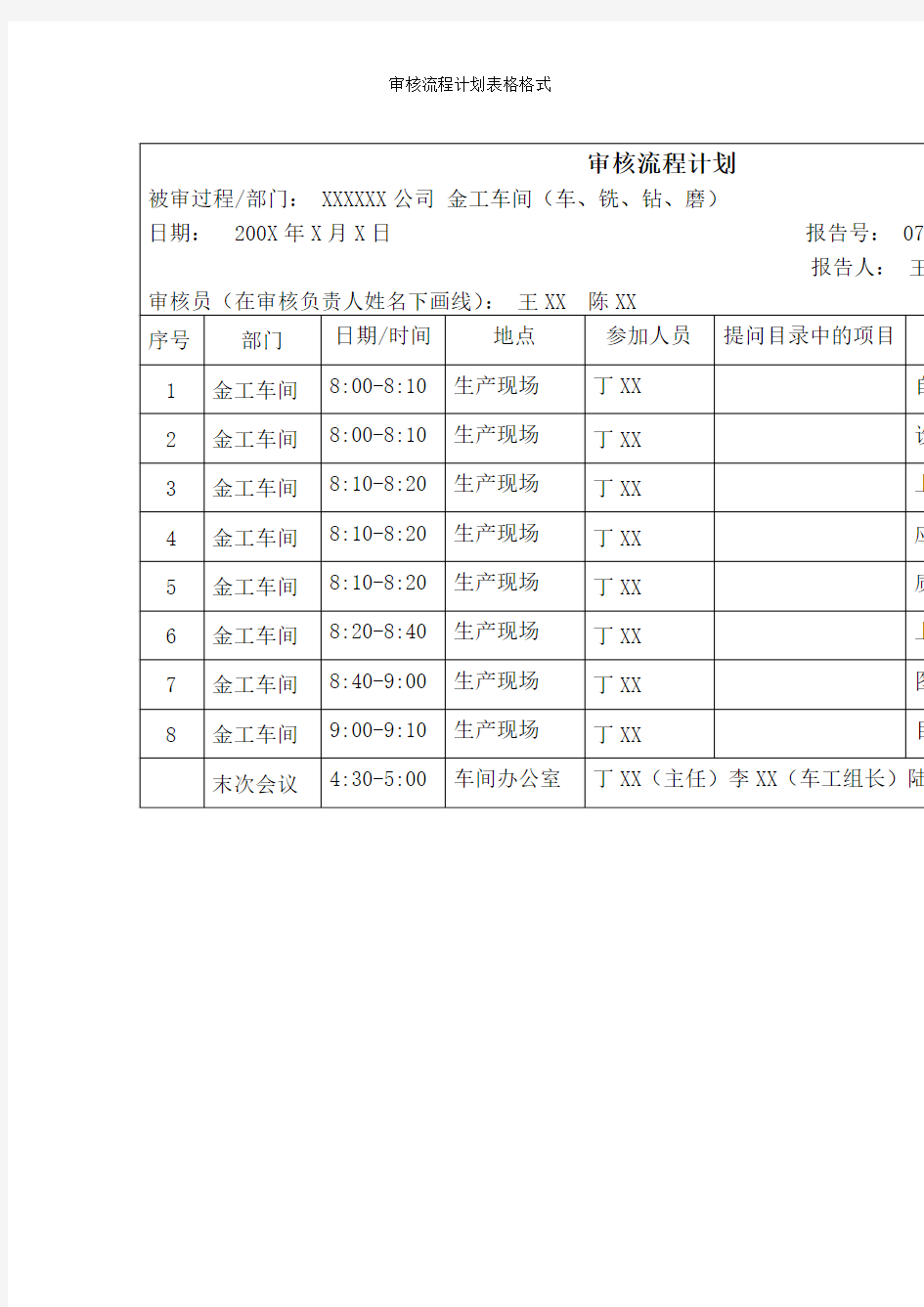 审核流程计划表格格式