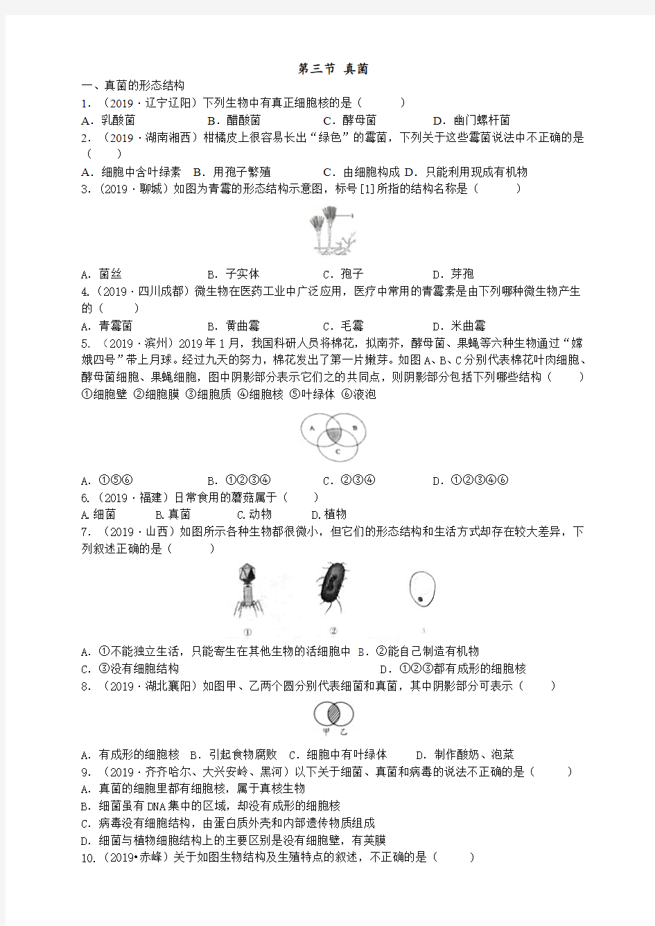 2019年中考生物真题分类：真菌