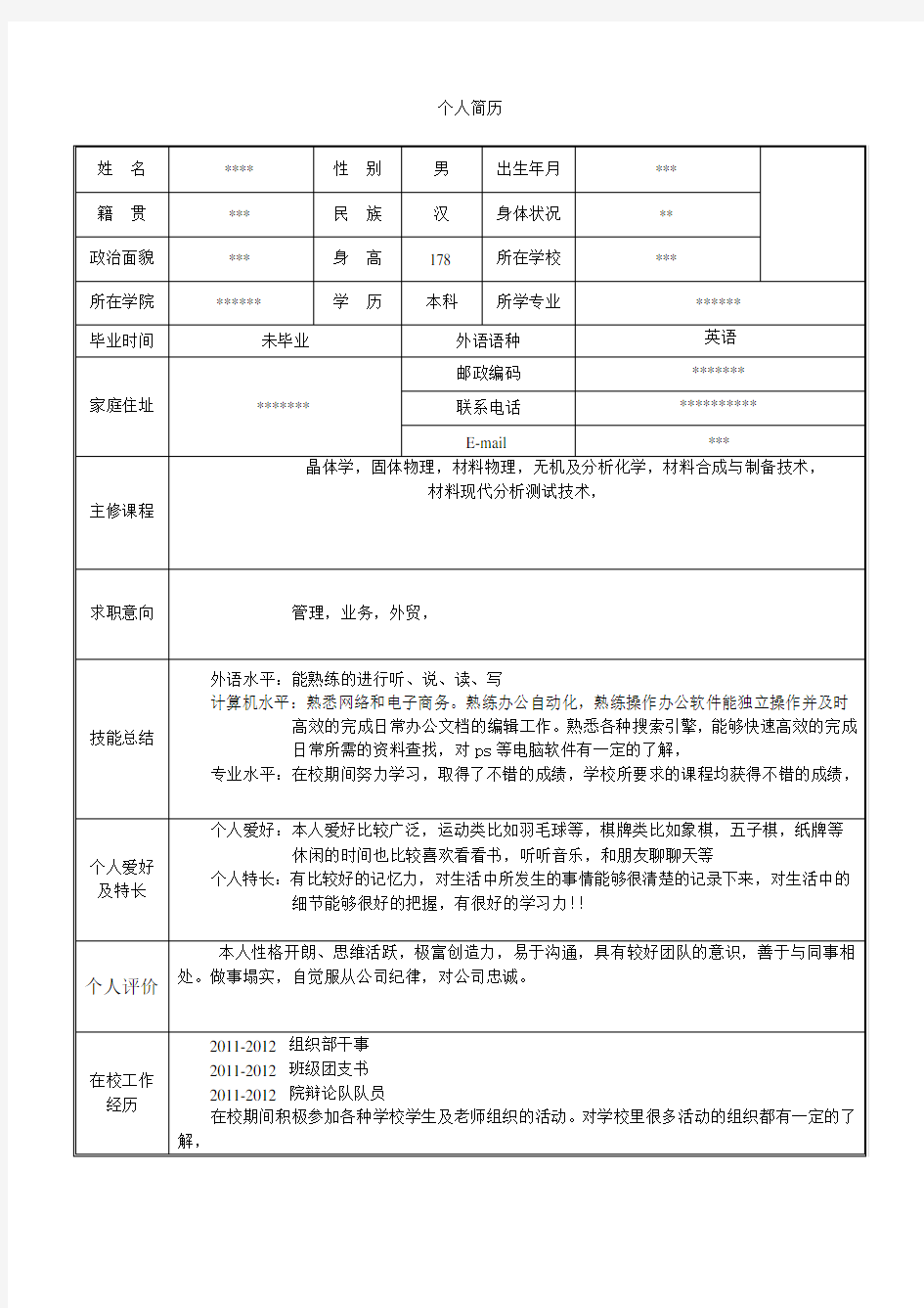 大学生个人简历(大学生职业规划作业)