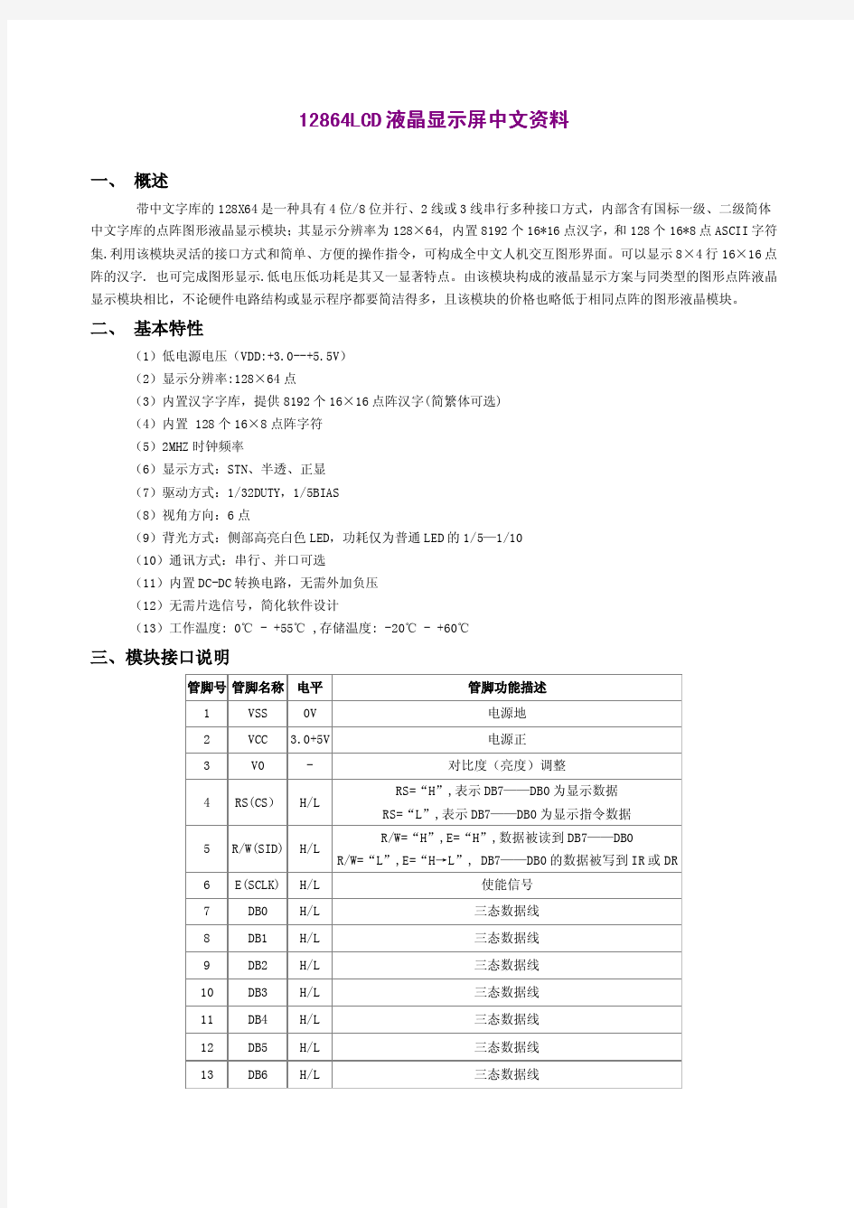 LCD12864 液晶显示屏中文资料