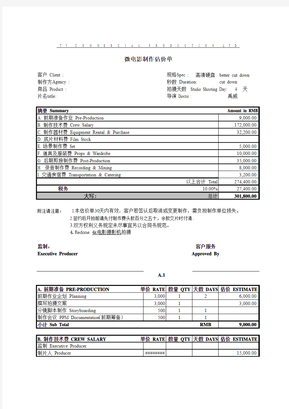 电影级制作预算明细