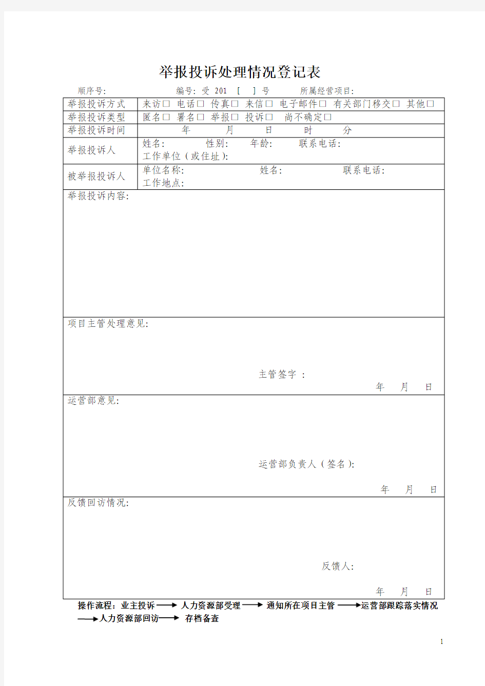 举报投诉处理情况登记表