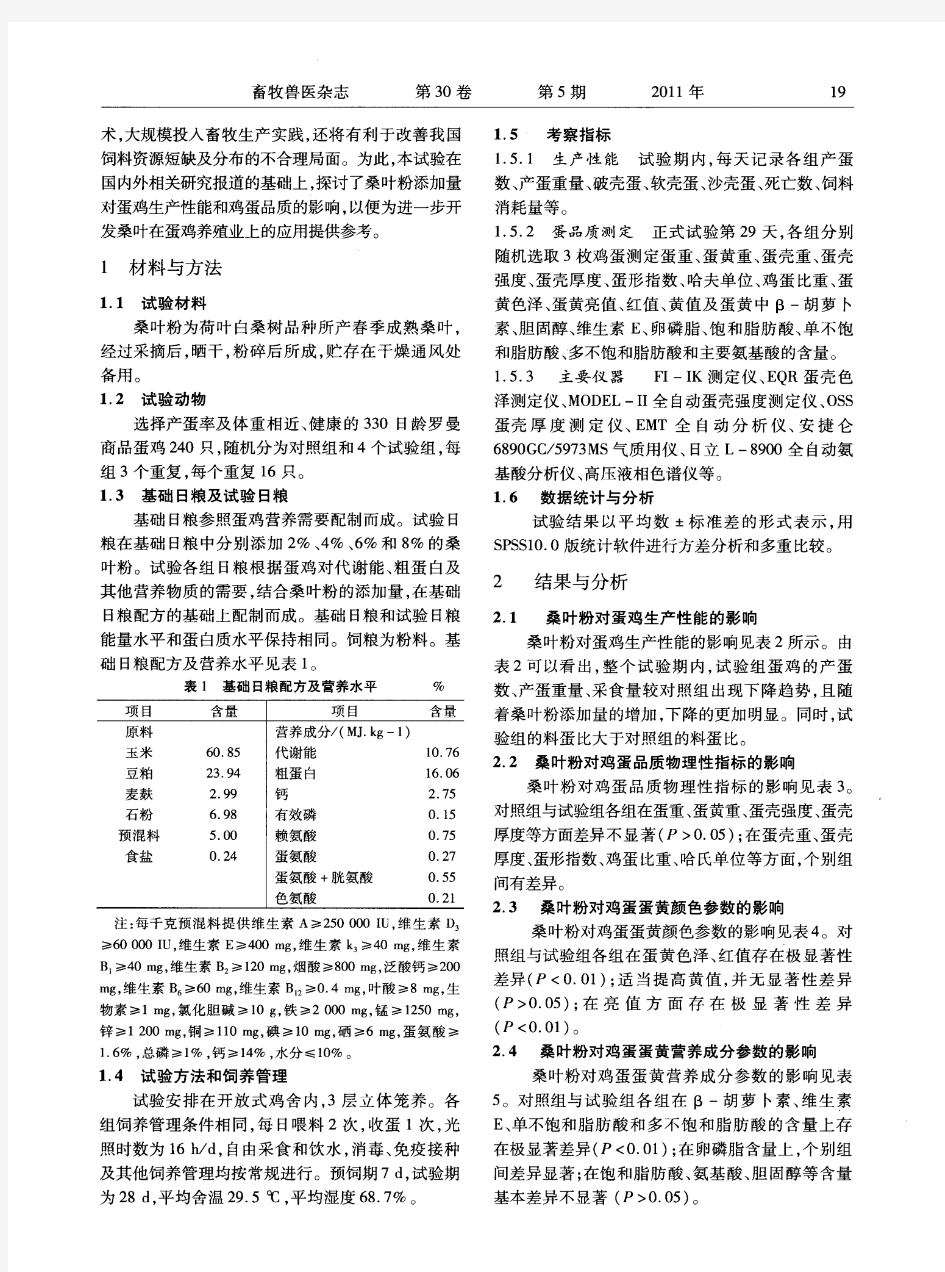 桑叶粉对蛋鸡生产性能及蛋品质的影响研究