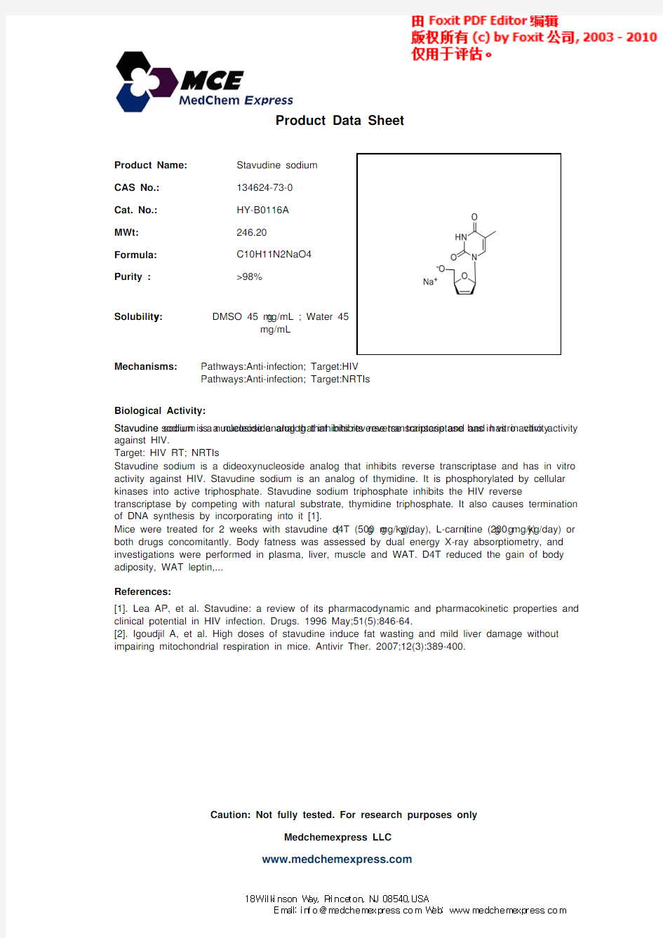 Stavudine sodium_134624-73-0_DataSheet_MedChemExpress