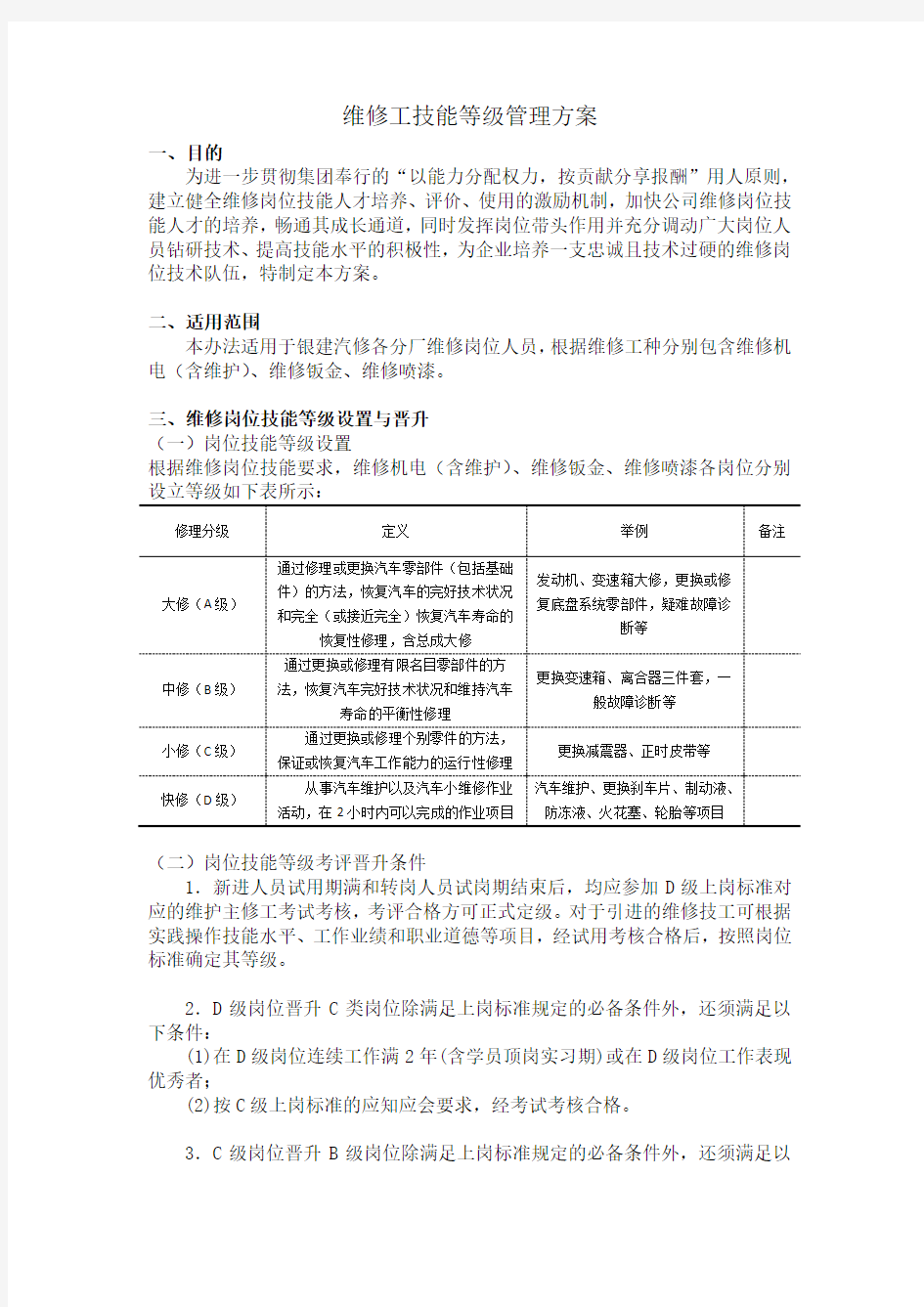 维修工技能等级管理方案