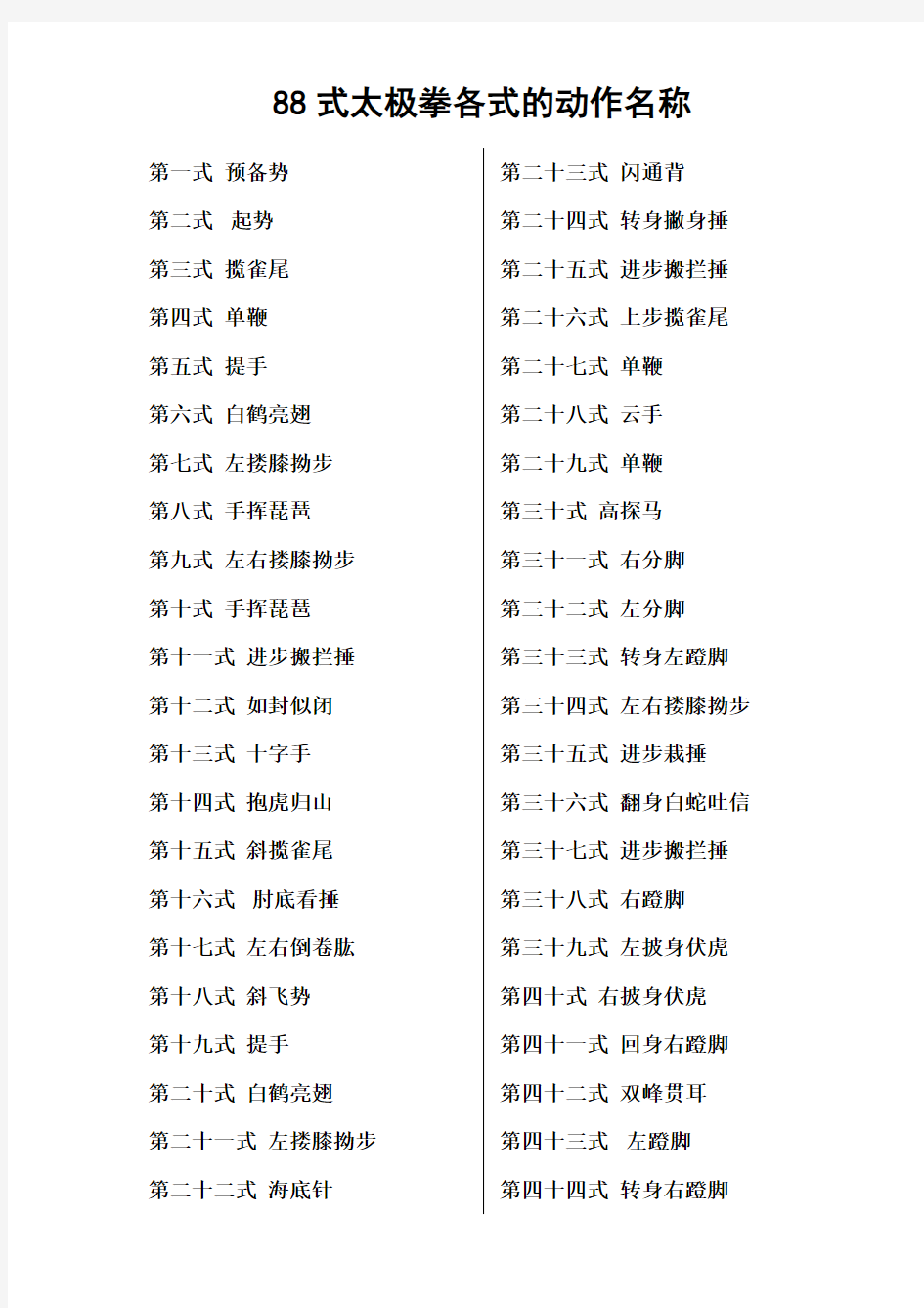 88式太极拳各式的动作名称及分解动作口令