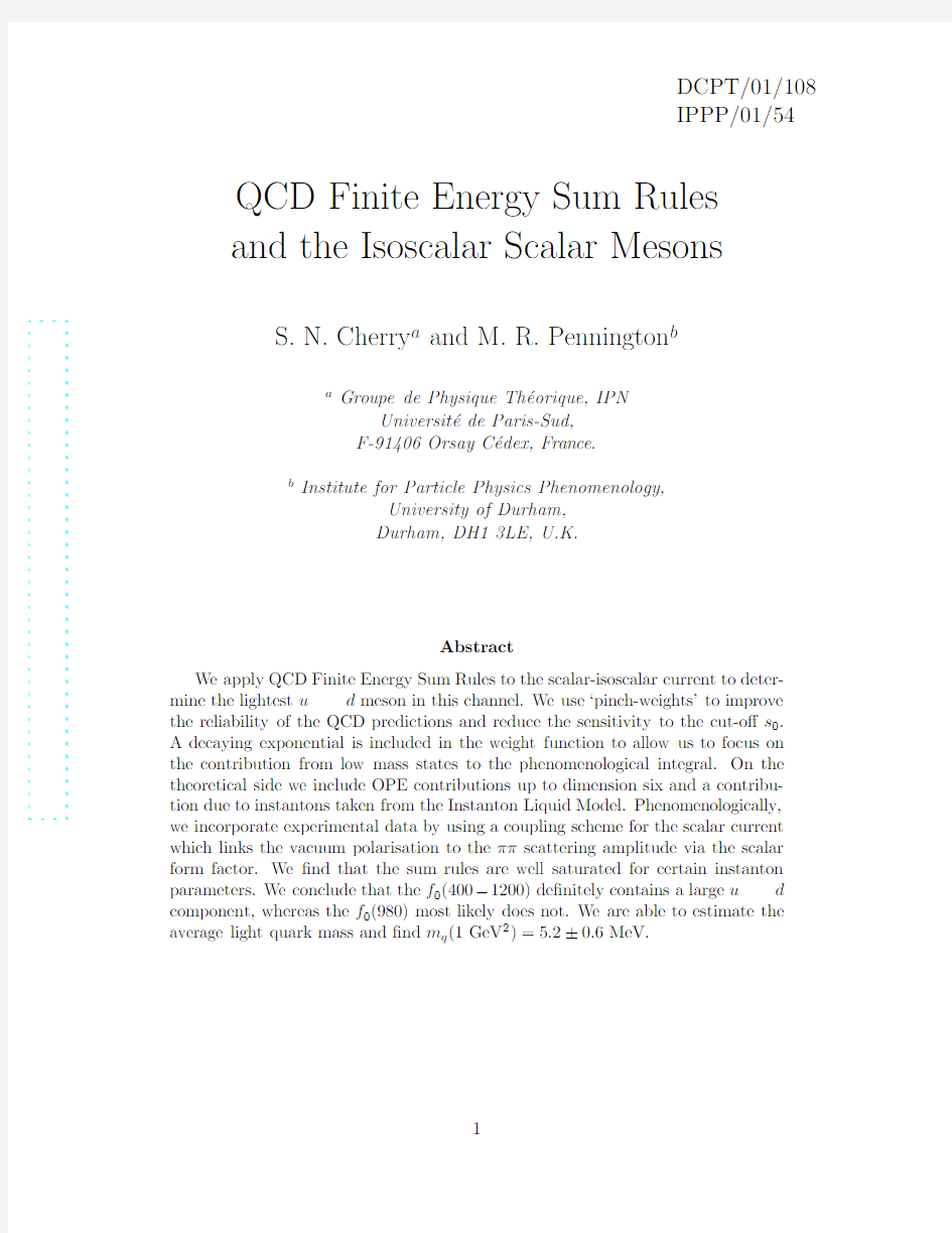 QCD Finite Energy Sum Rules and the Isoscalar Scalar Mesons