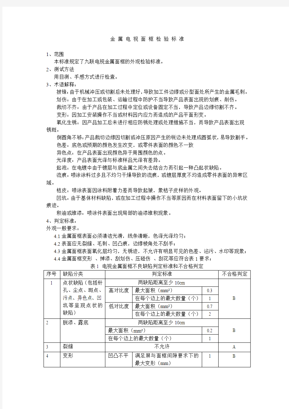 金属电视面框检验标准(V0)