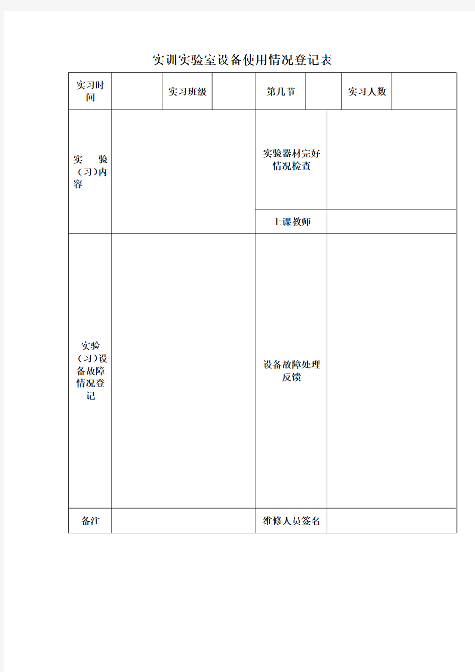 实训实验室设备使用情况登记表