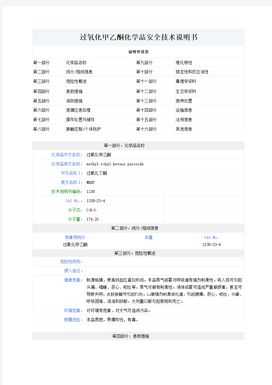 过氧化甲乙酮化学品安全技术说明书