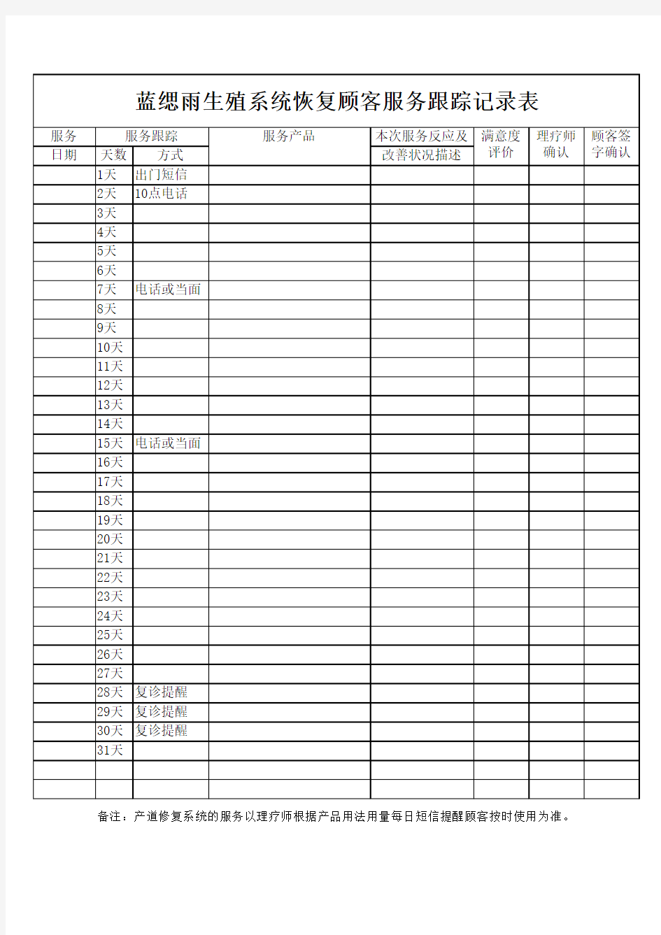 顾客服务跟踪记录表