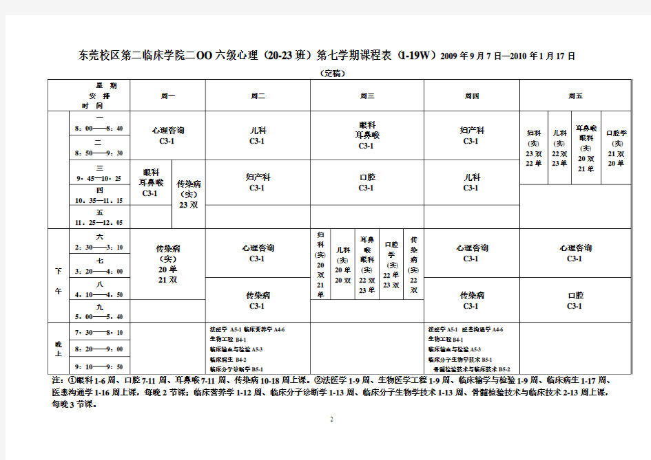 东莞校区2009-2010学年第一学期课程表(定稿)