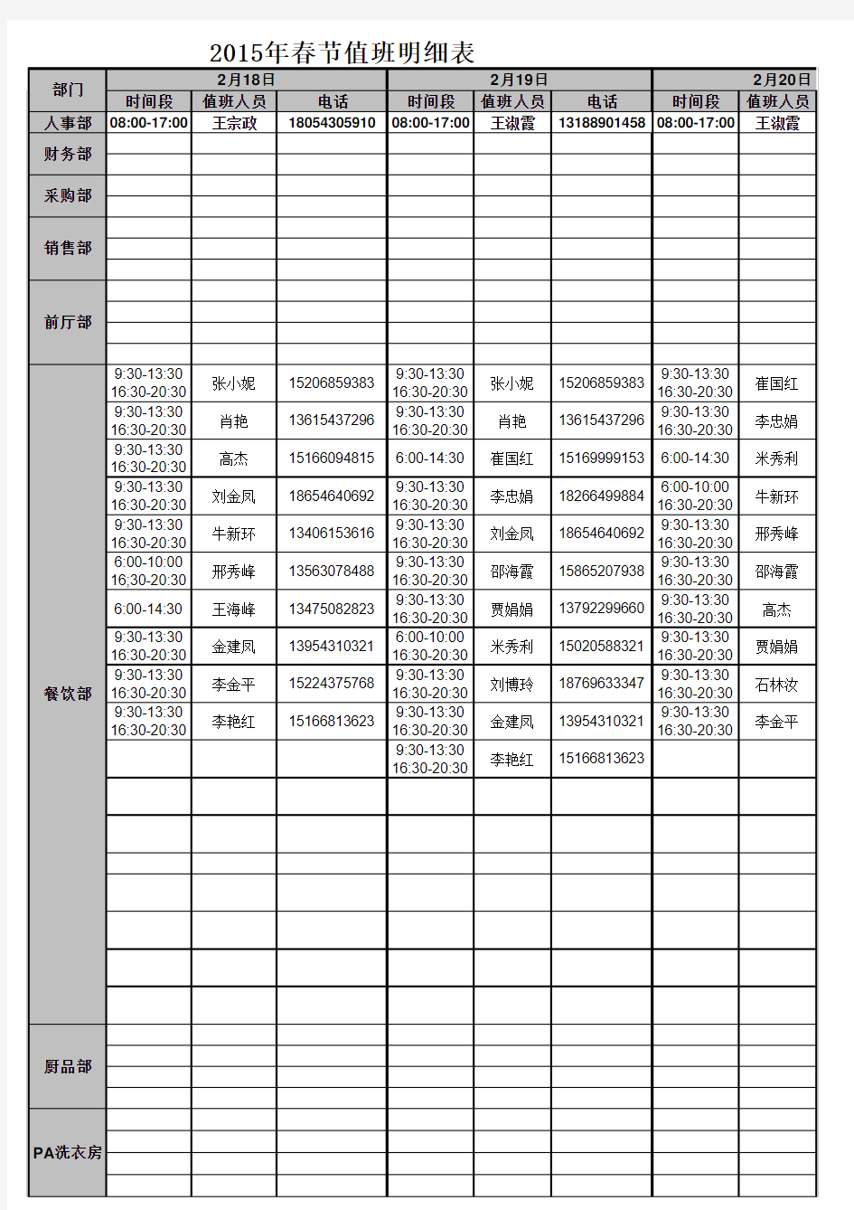 (餐饮部)2015年春节值班表