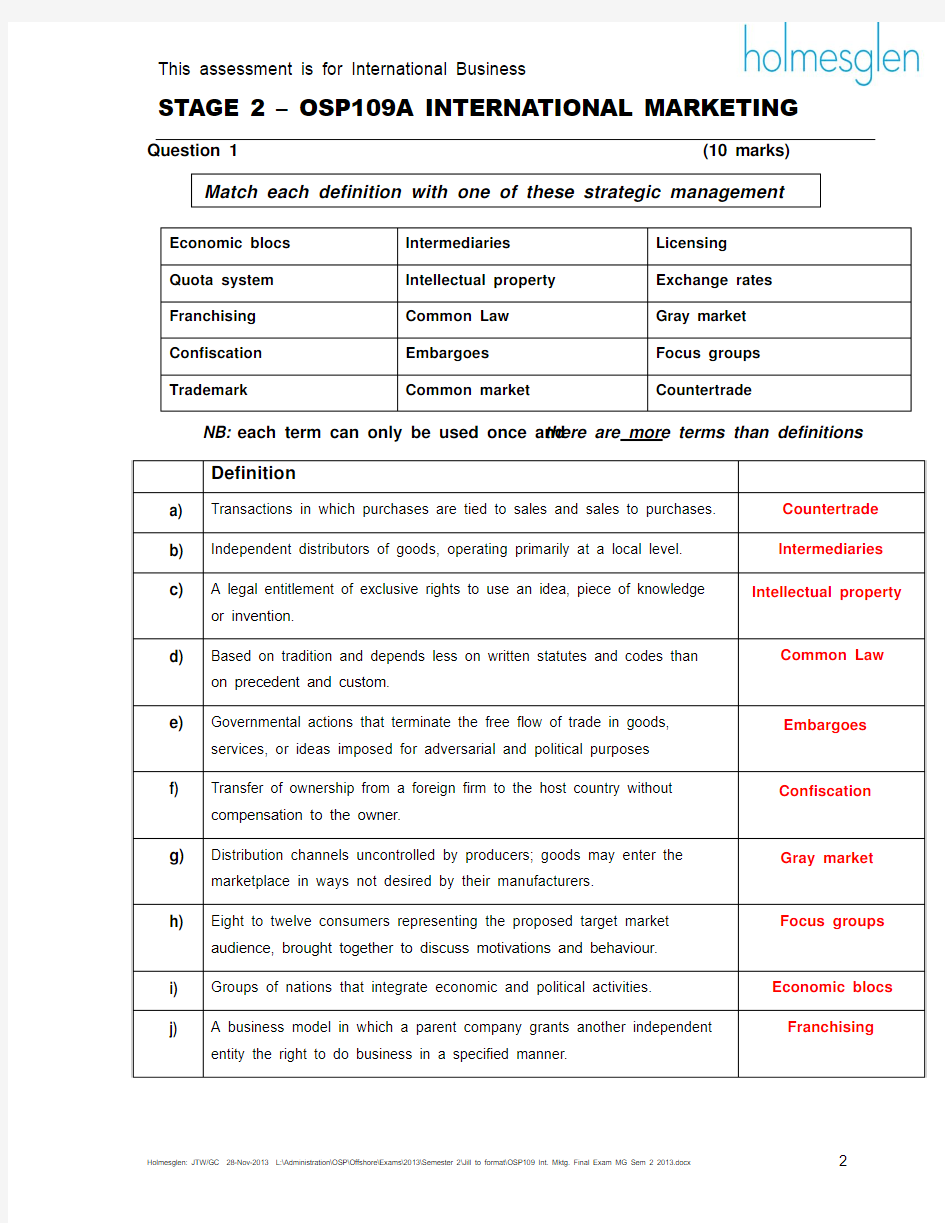 OSP109 Int. Mktg. Final Exam MG Sem 2 2013(1)