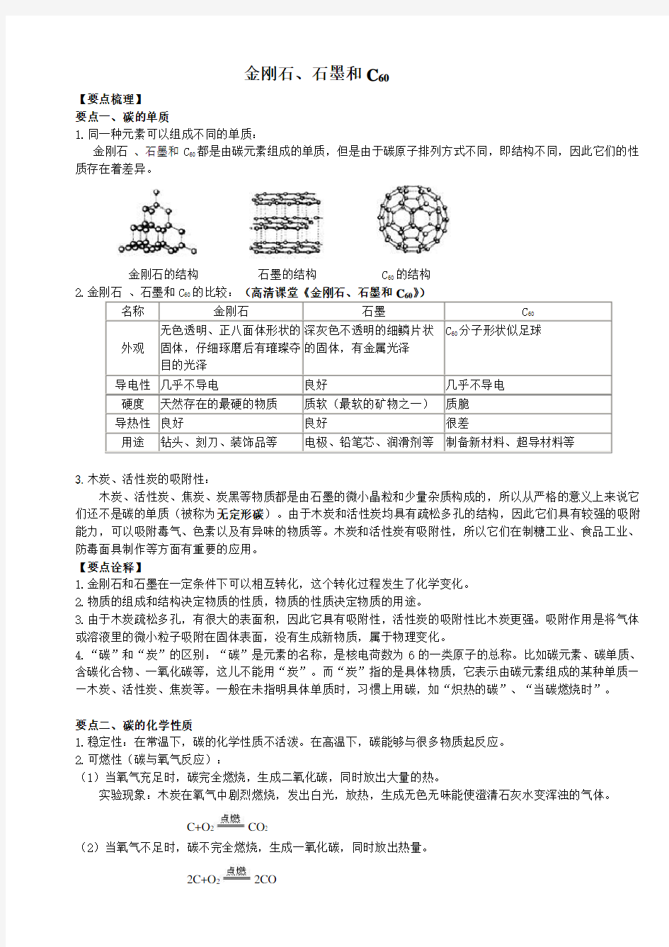 金刚石、石墨和C60 知识讲解