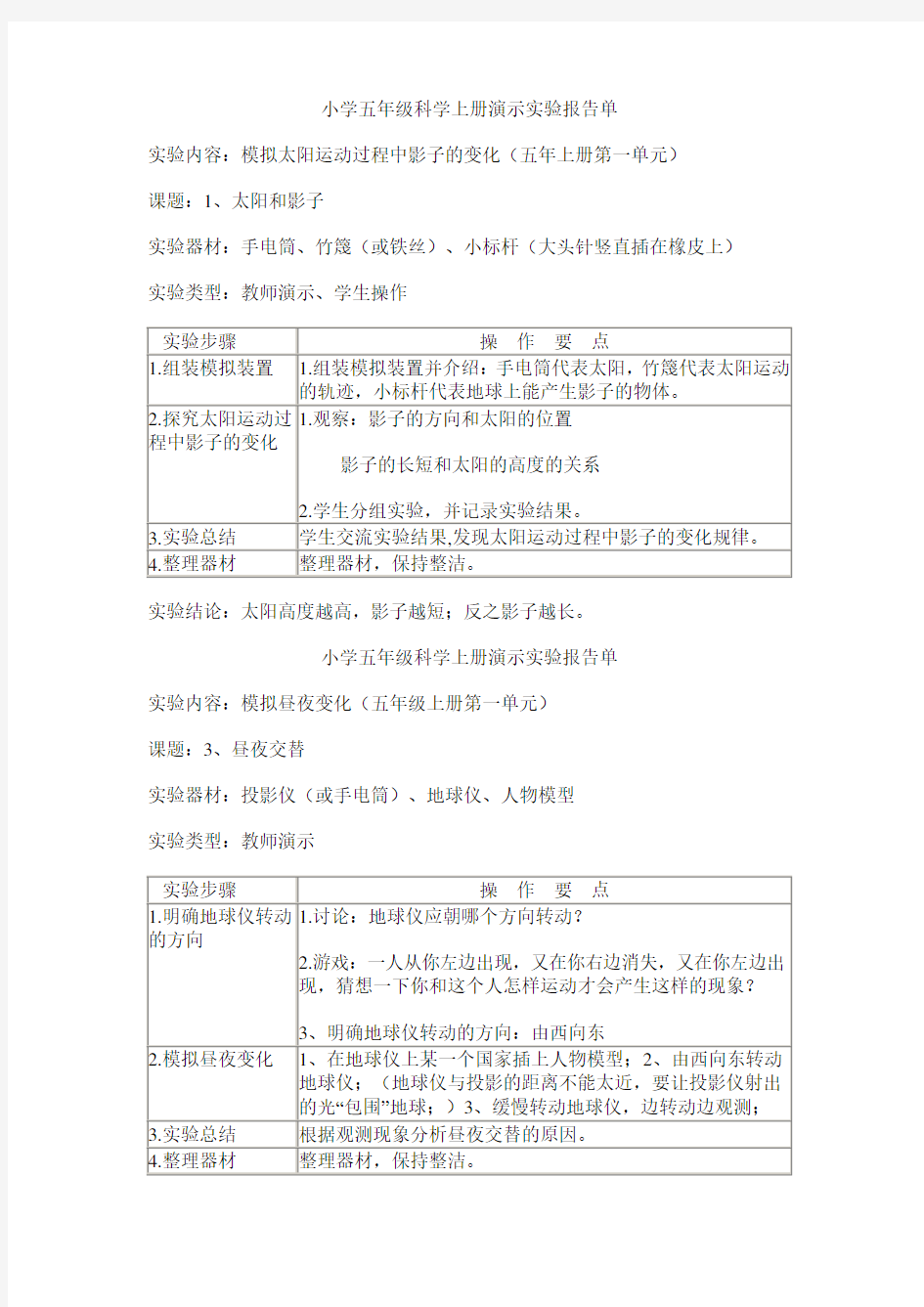 小学五年级科学上册演示实验报告单