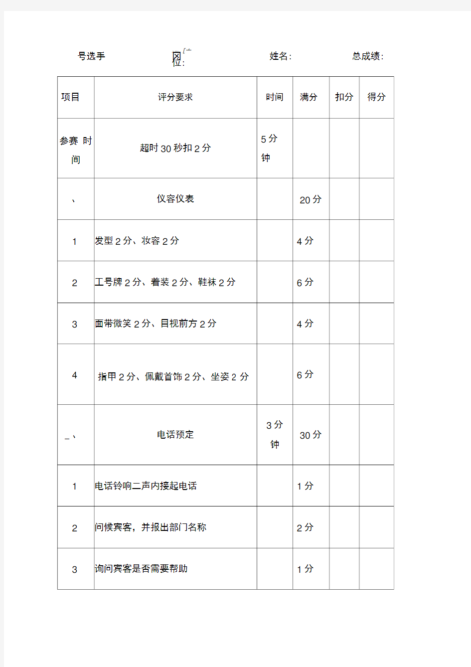 酒店前台技能大赛方案