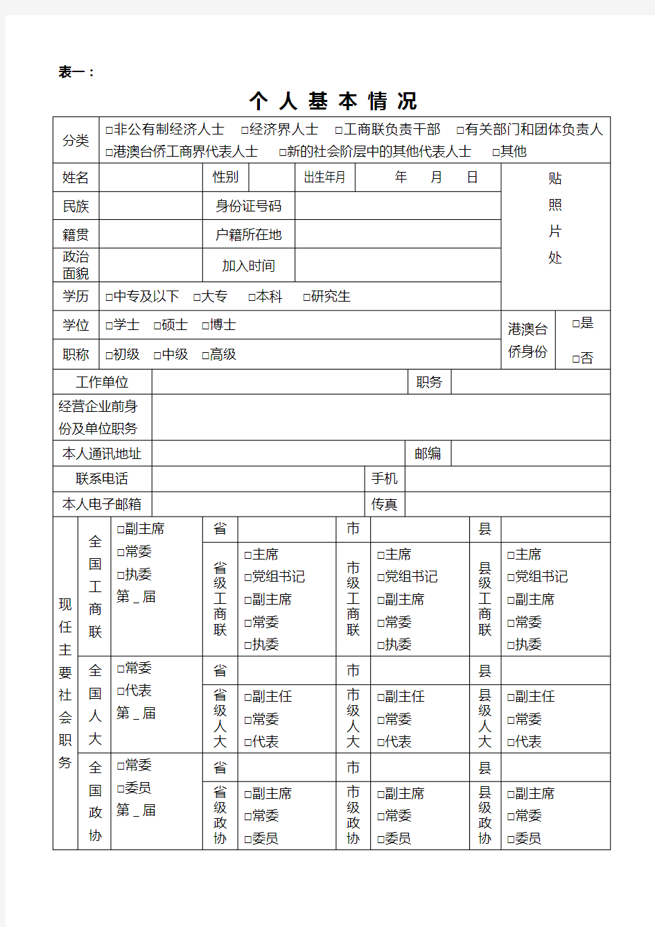 工商联执委候选人登记表