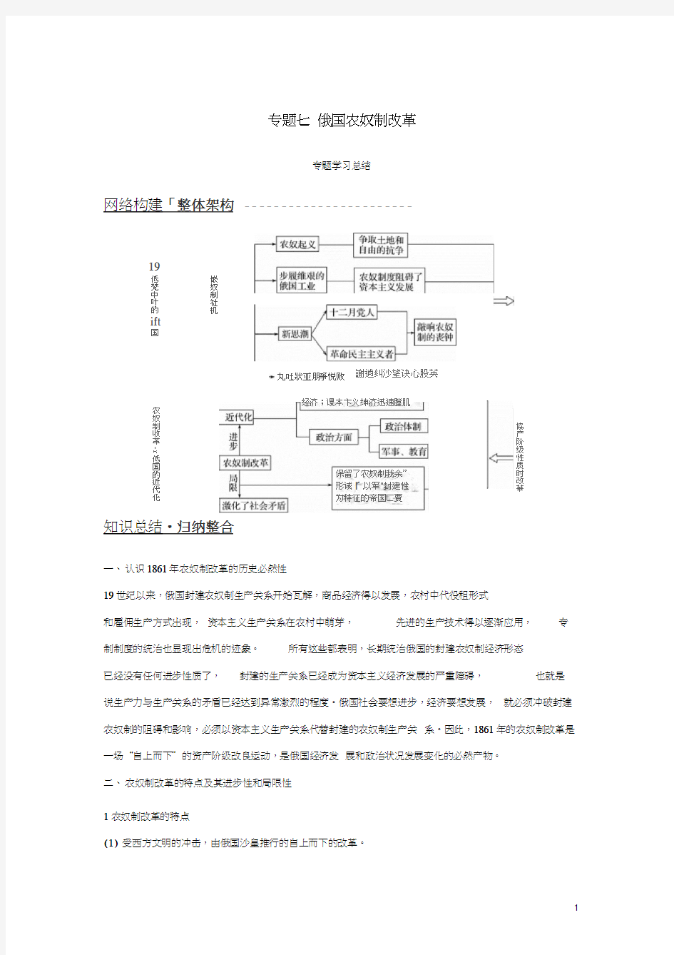 (全国通用版)2018-2019版高中历史专题七俄国农奴制改革专题学习总结学案人民版选修1(2021