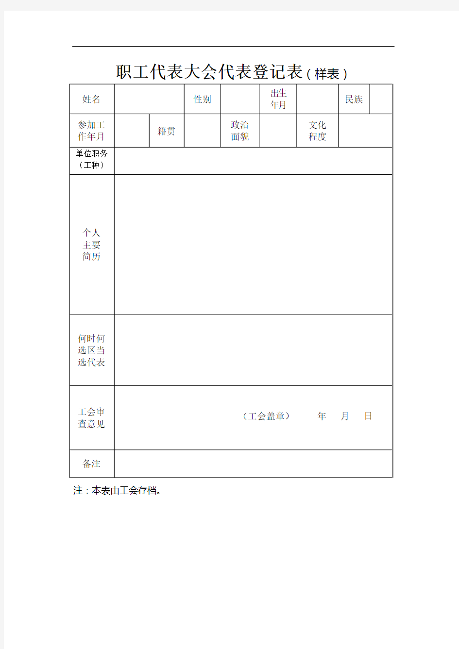 职工代表大会代表登记表(样表)