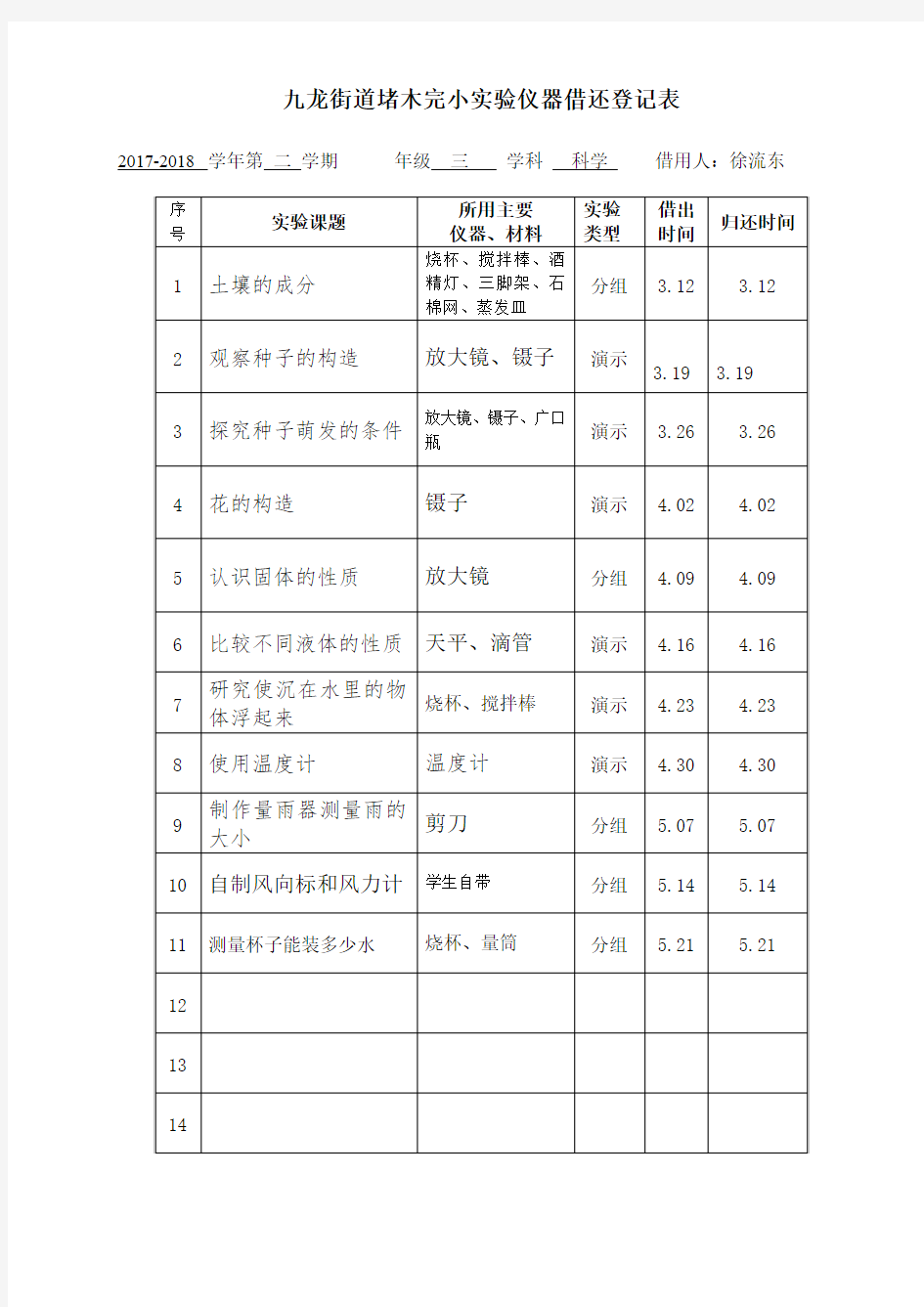 3-6年级仪器借还登记表