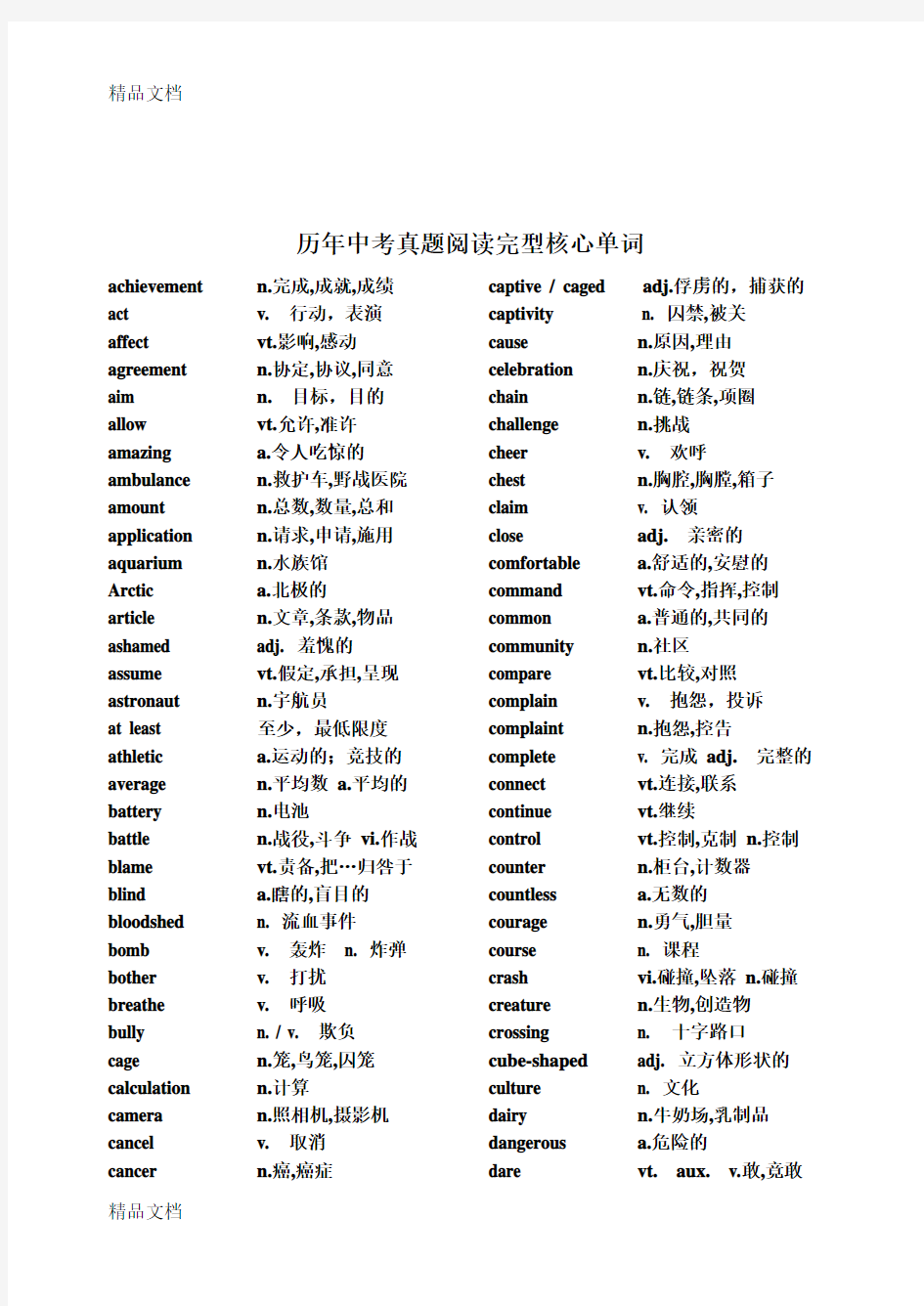 最新中考英语阅读完型高频词汇