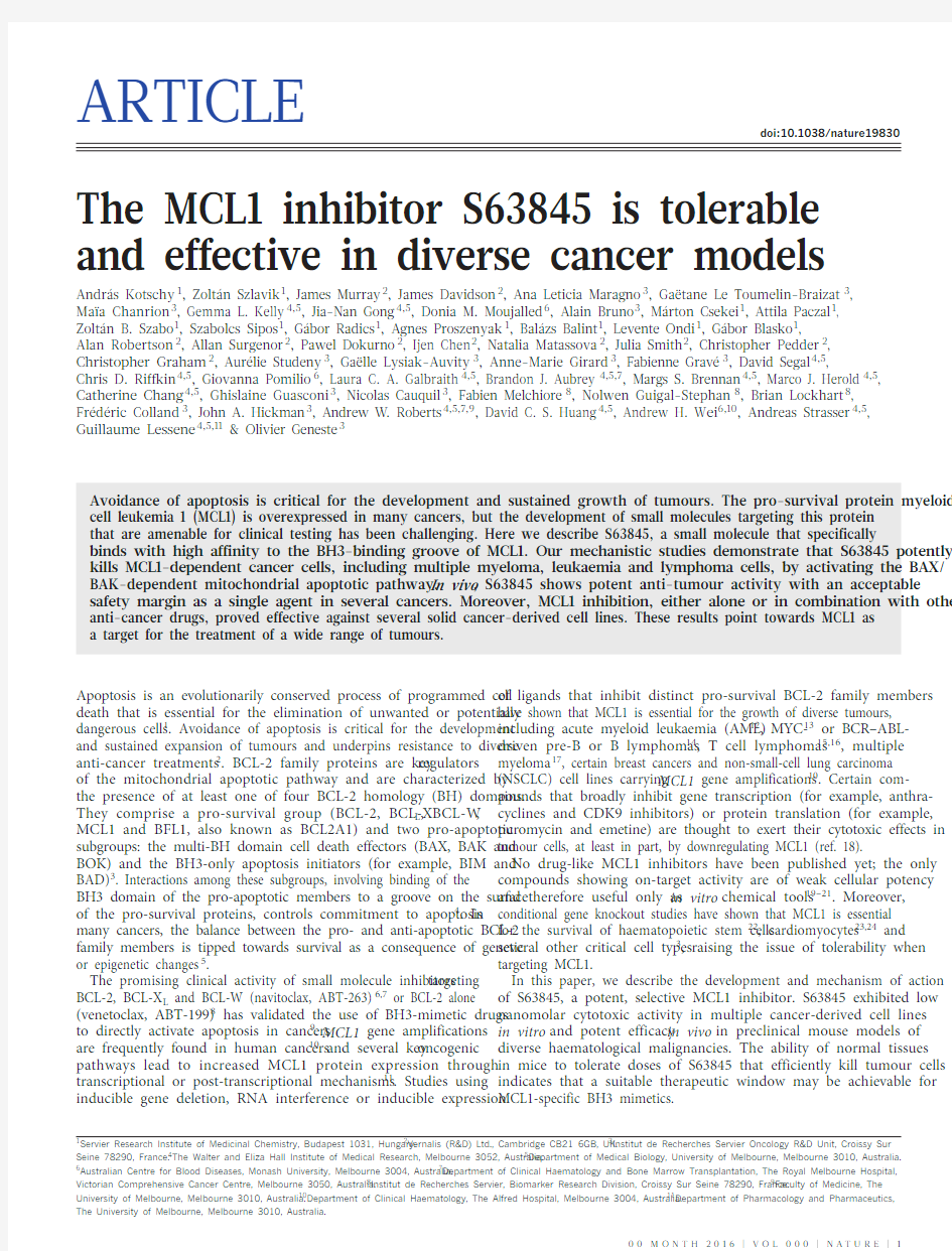 The MCL1 inhibitor S63845 is tolerable and effective in diverse cancer models.