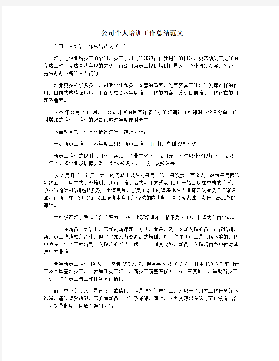 公司个人培训工作总结范文