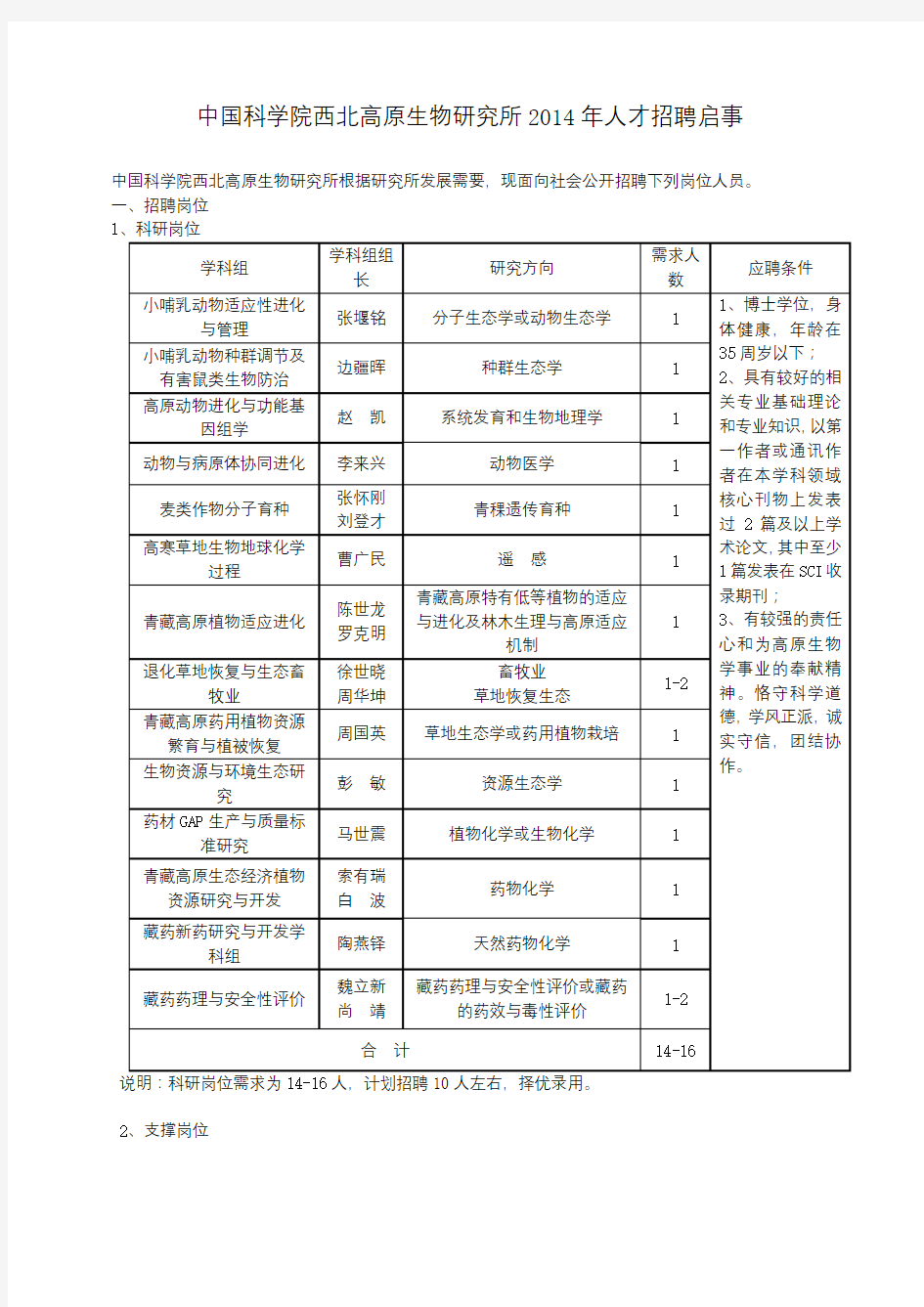 中国科学院西北高原生物研究所2014年人才招聘启事【模板】