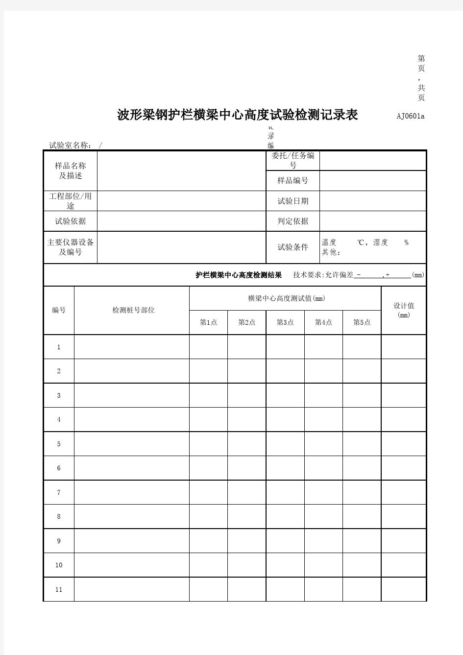 波形梁钢护栏横梁中心高度试验检测记录表