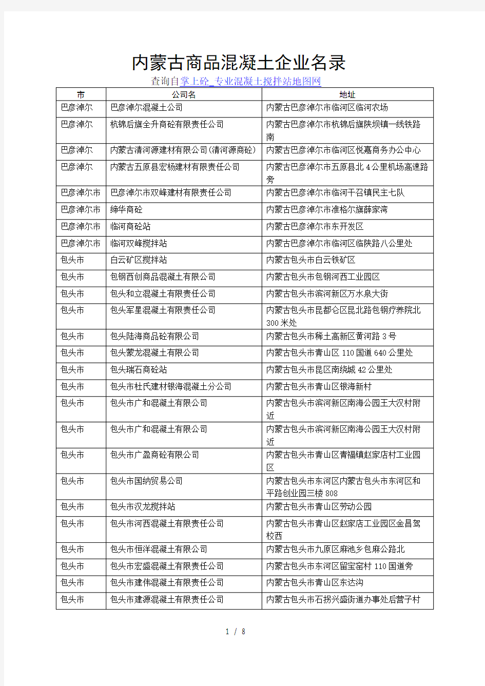 内蒙古《商品混凝土》企业名录