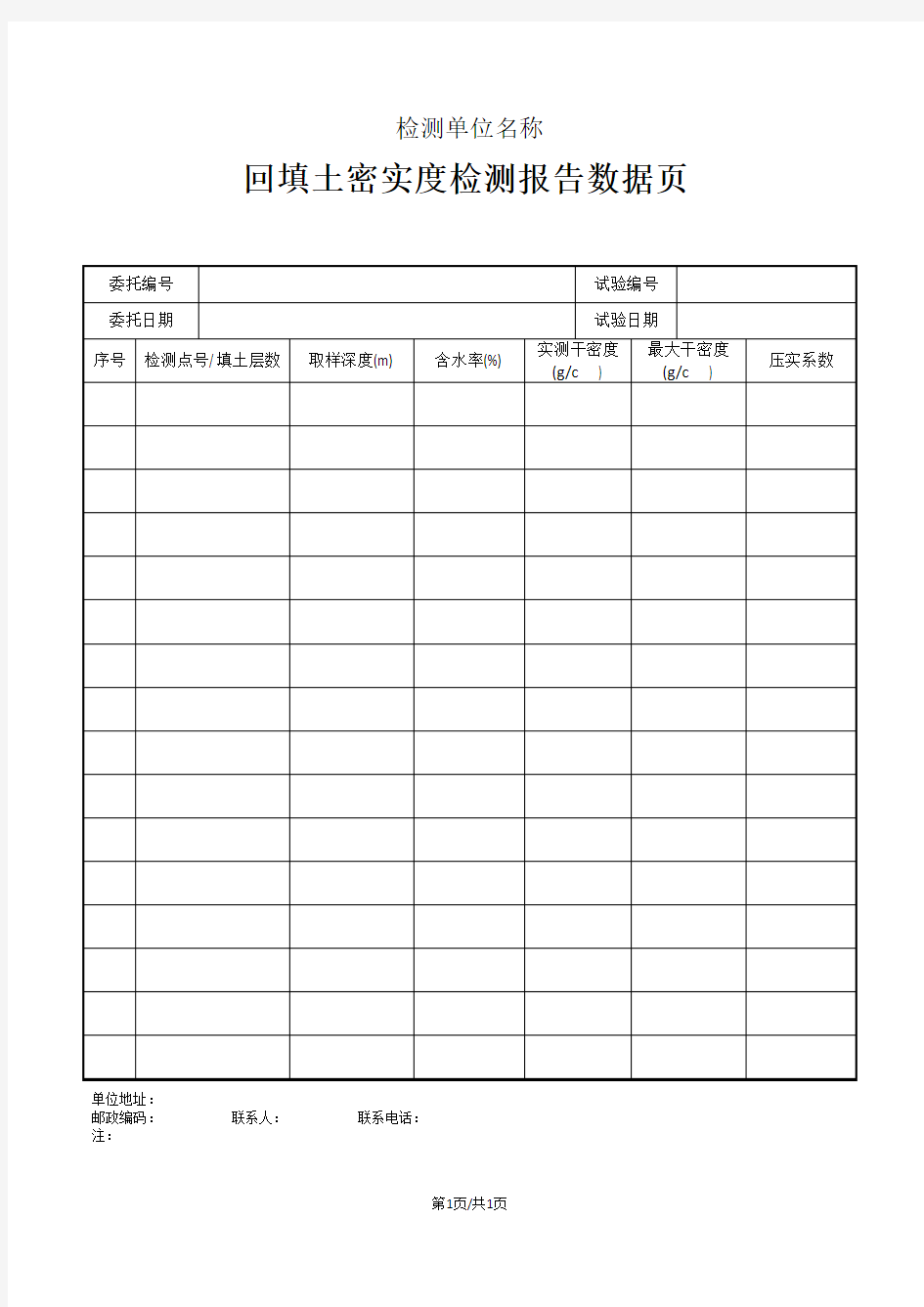 (完整版)回填土密实度检测报告_标准版_2016_附表