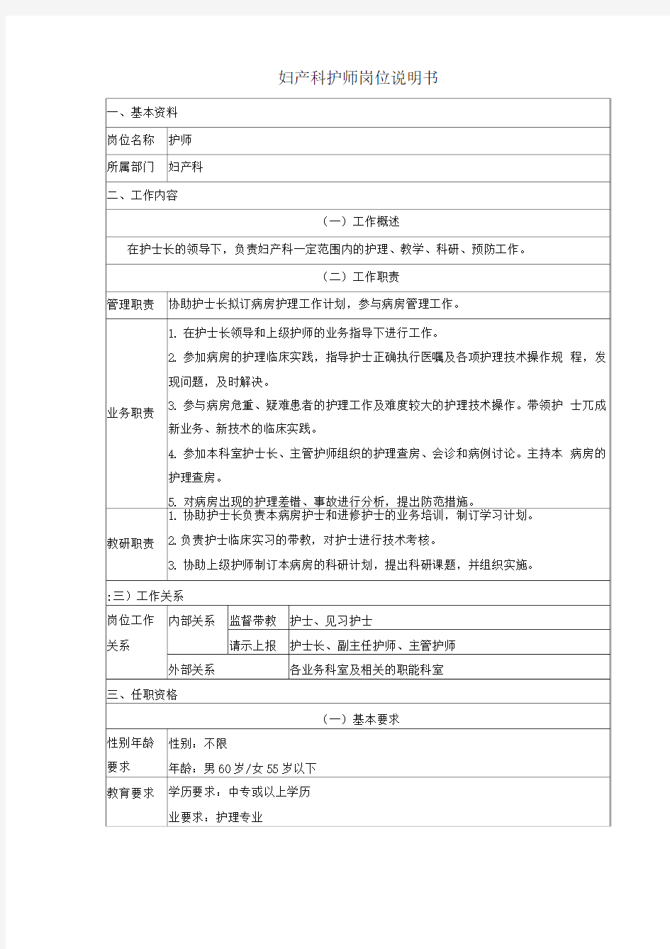 人民医院妇产科护师岗位说明书