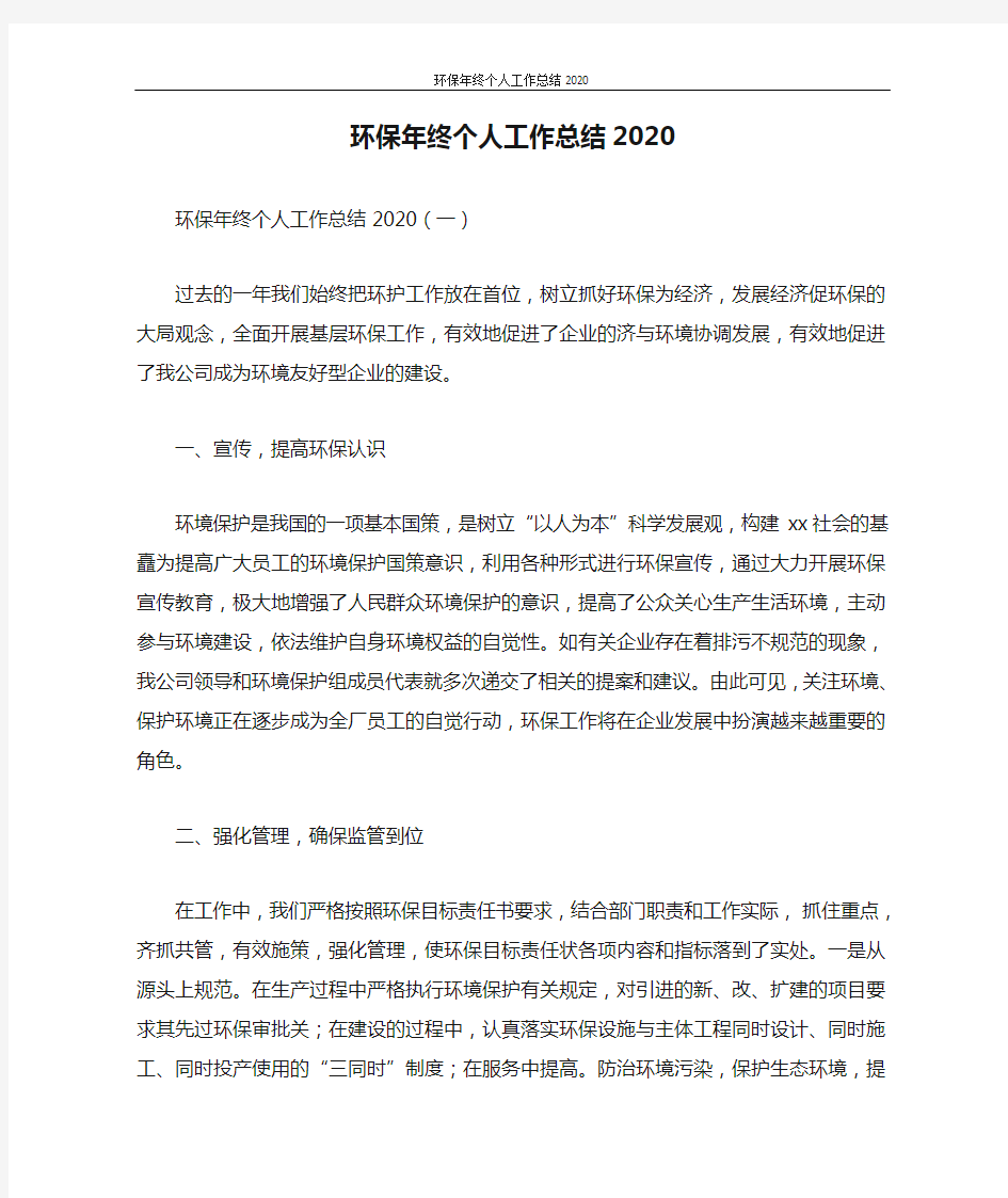 环保年终个人工作总结2020