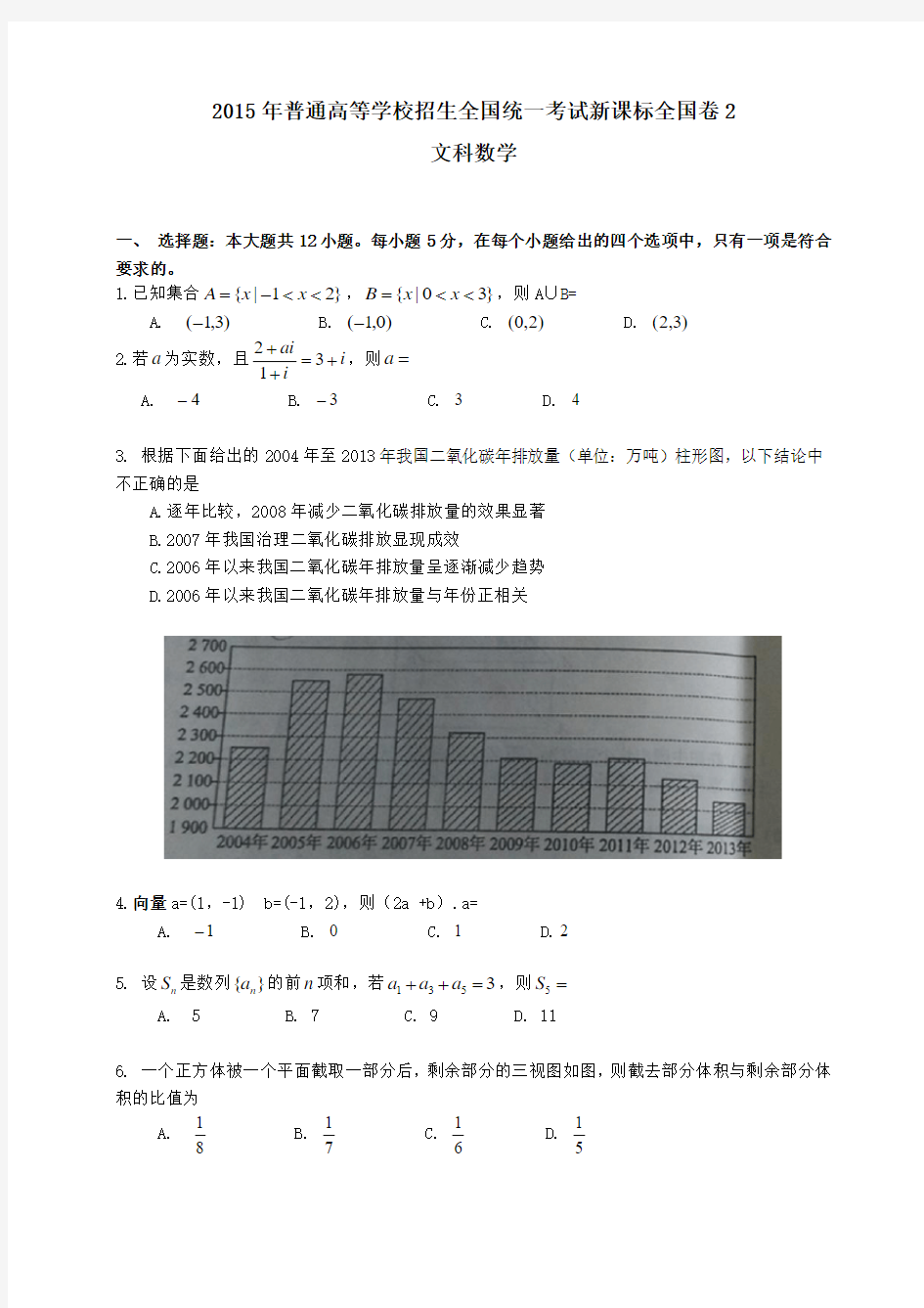 2015年高考新课标全国卷2文科数学