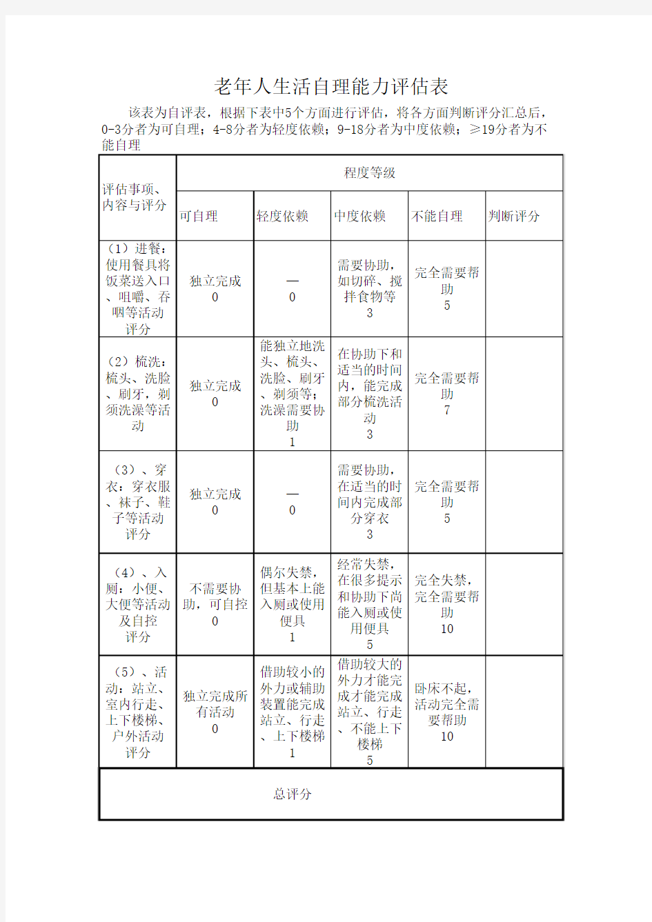 老年人生活自理能力评估表