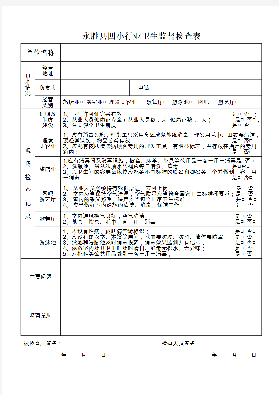 公共场所日常卫生监督检查表