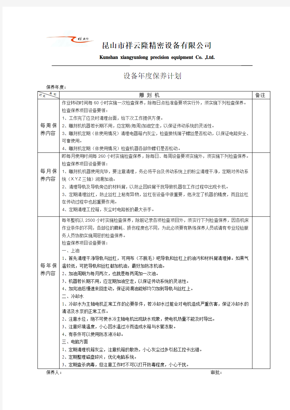 设备年度保养计划(精雕机)