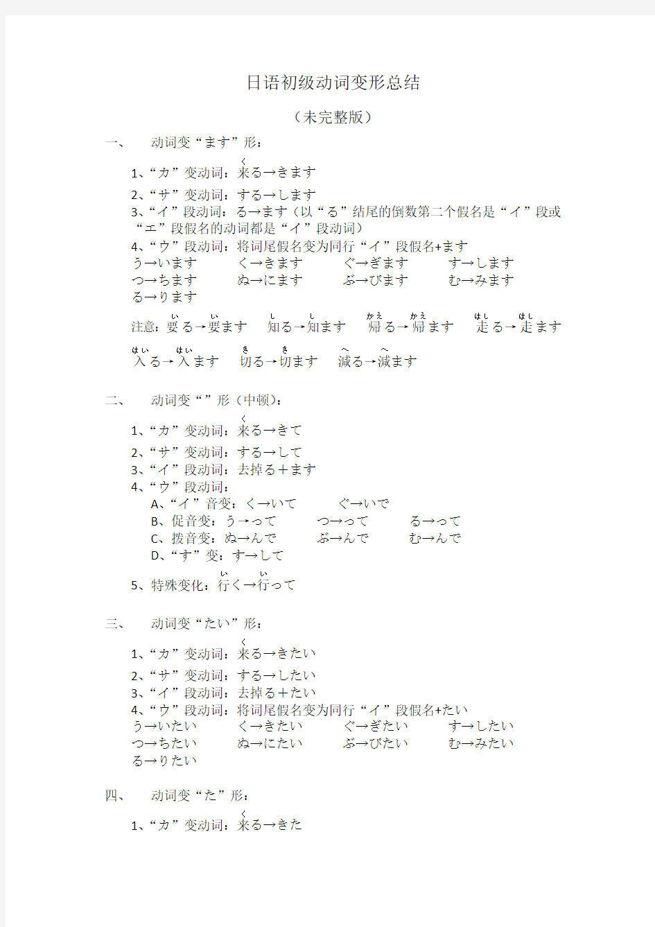 日语初级动词变形总结