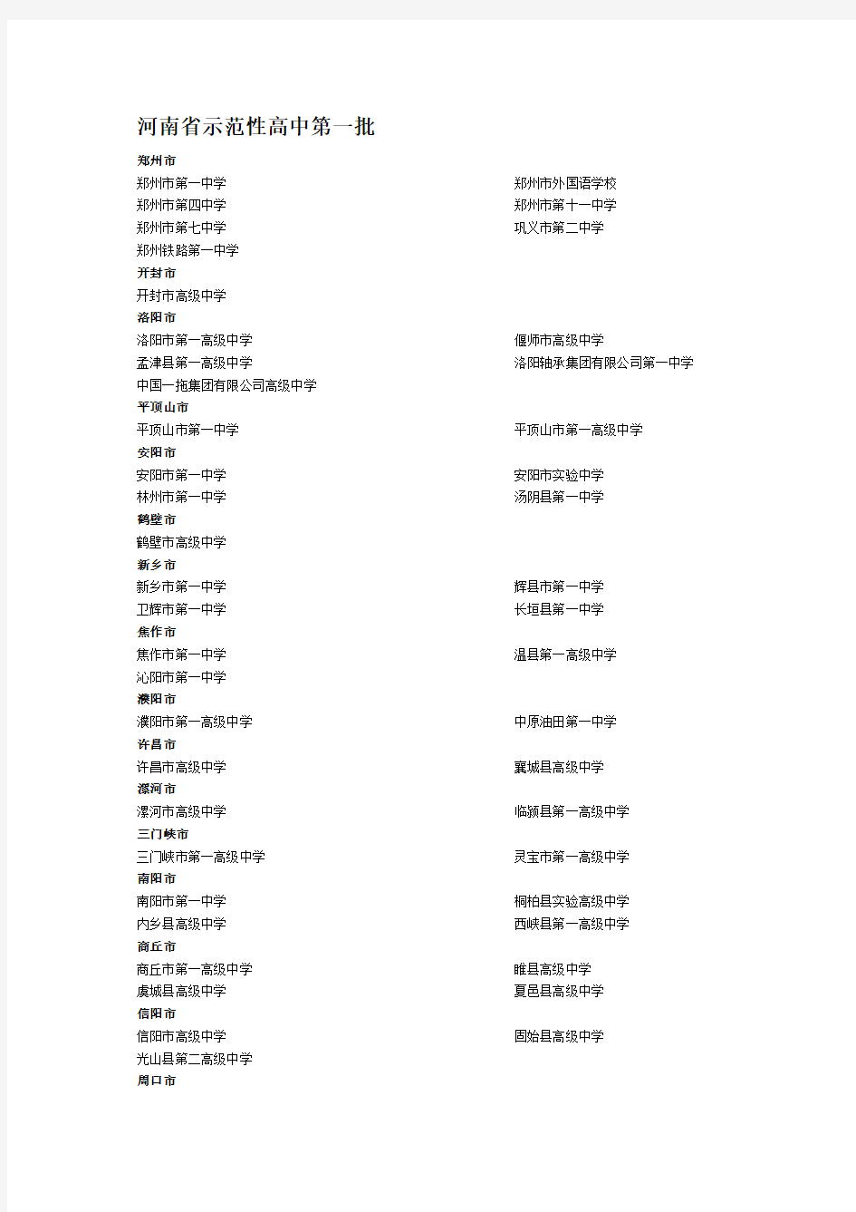 河南省示范性高中名录