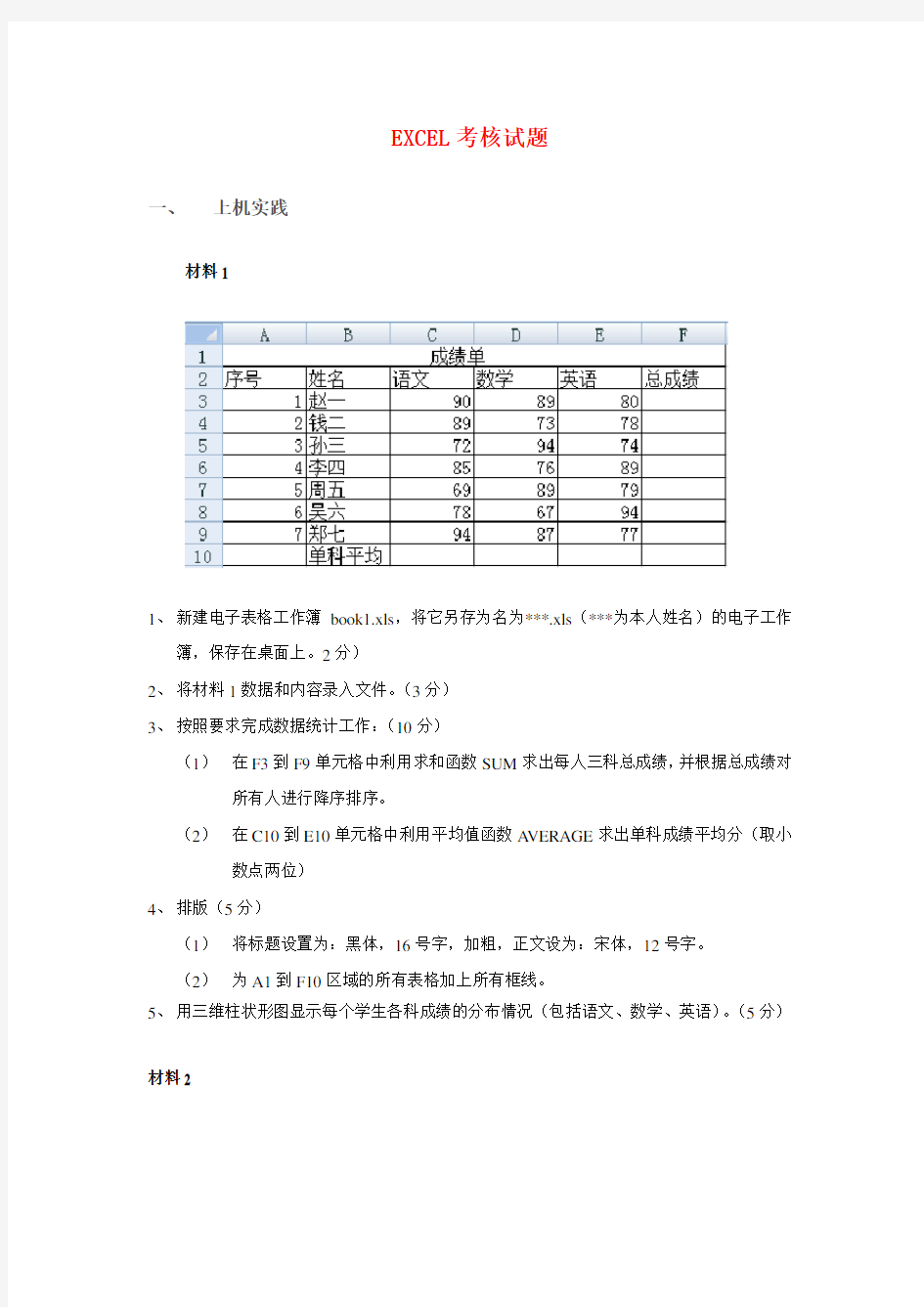 excel考试试题(简单操作)