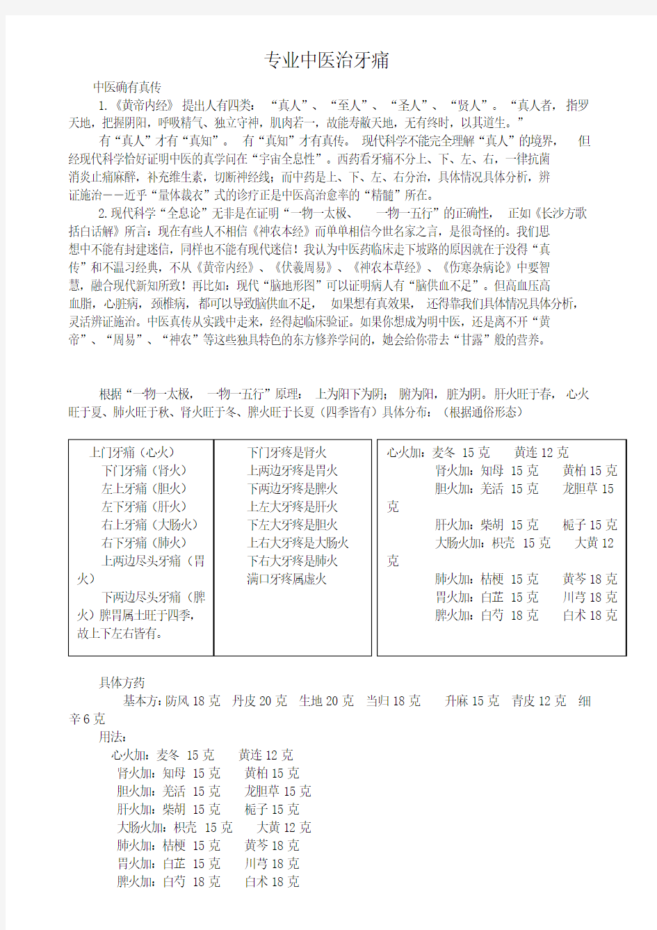 专业中医辨证治牙痛