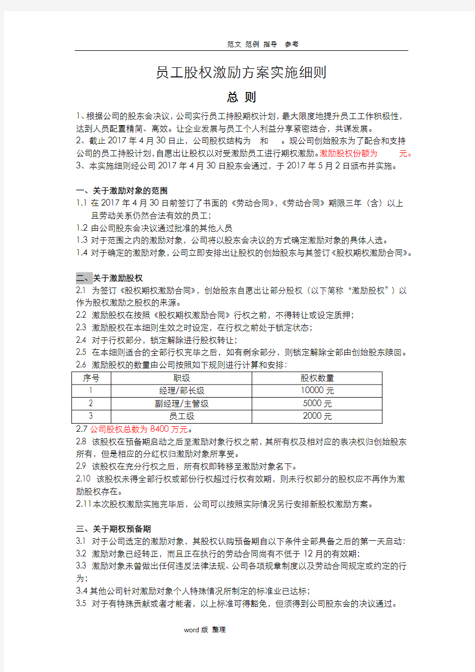 2018年员工股权激励方案实施细则