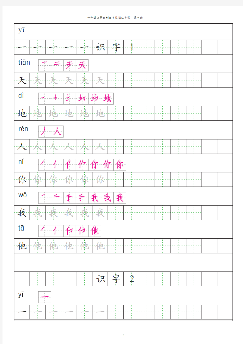 2016版 人教版一年级语文上册 生字 识字表描红 拼音 笔画