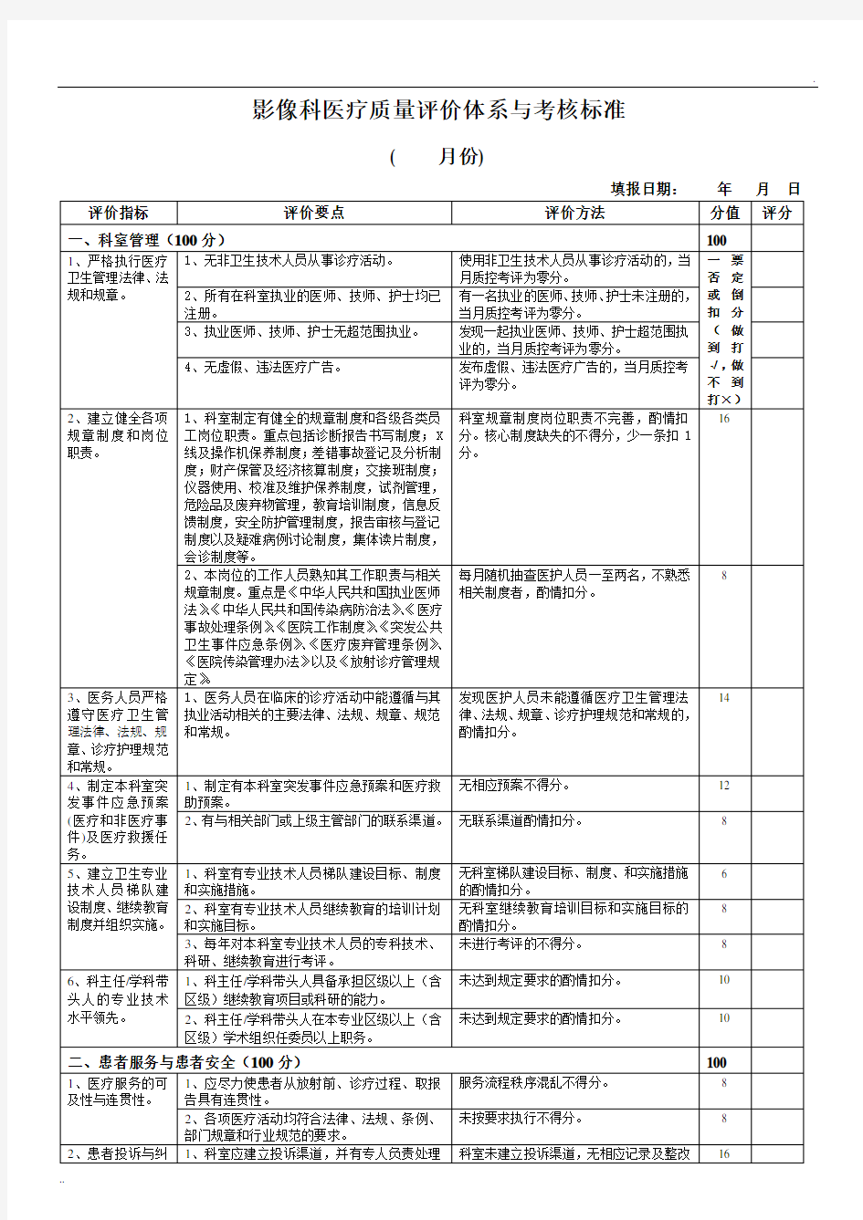 影像科医疗质量评价体系与考核标准