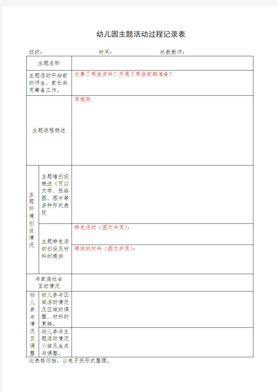 幼儿园班级主题活动记录表(配班写)