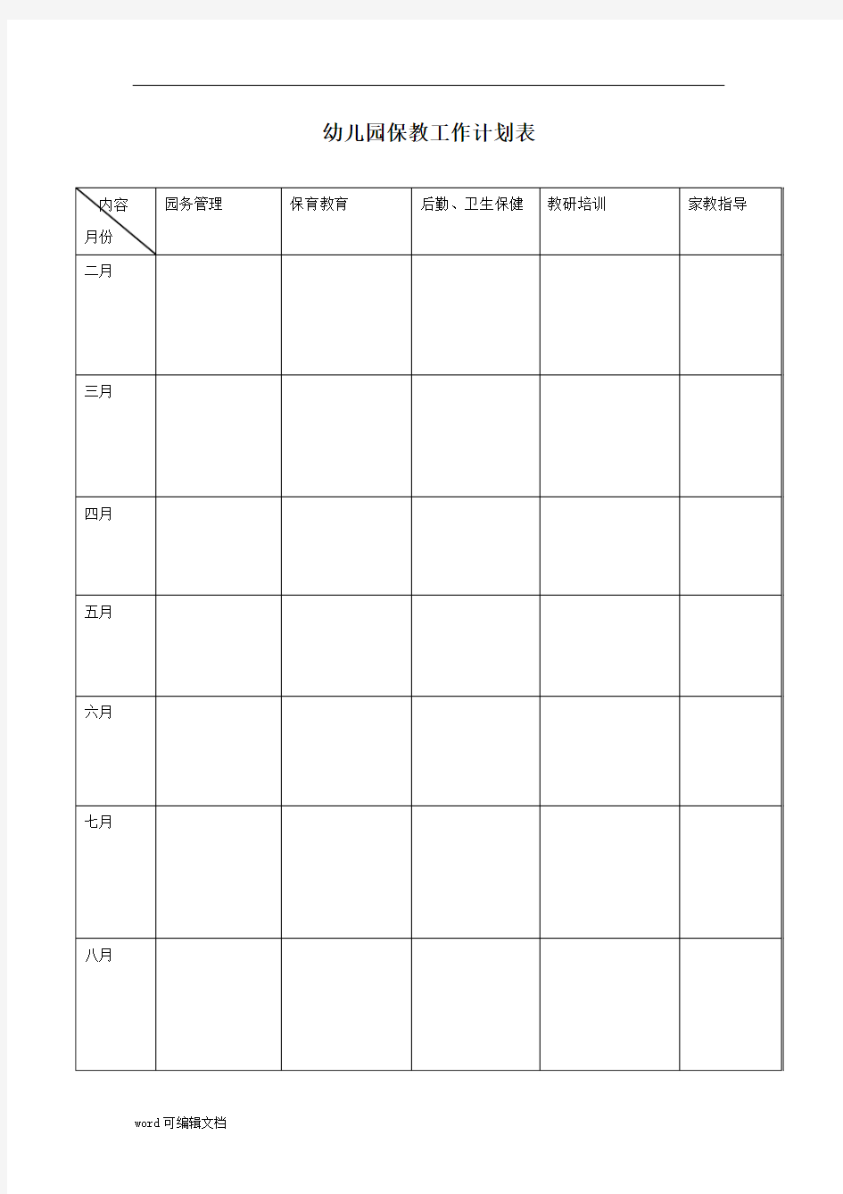 【幼儿园】保教工作月计划表