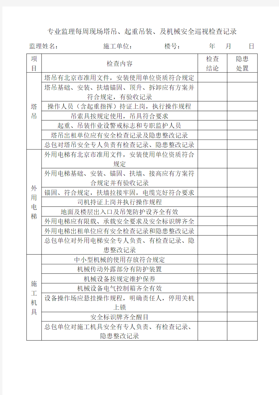 监理塔吊起重吊装安全巡视检查表