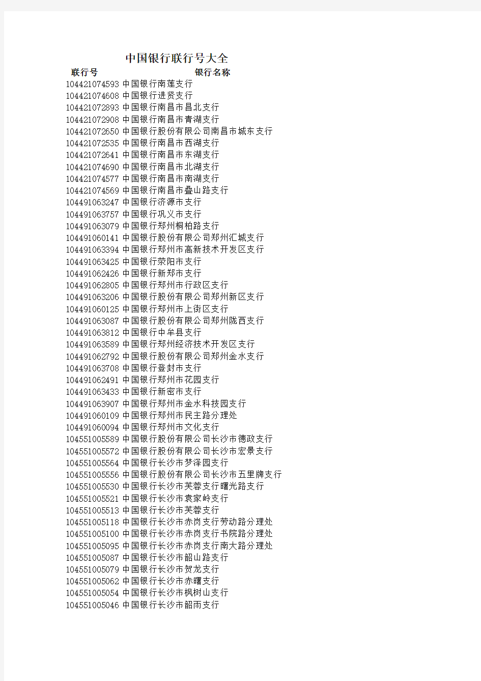 中国银行联行号大全