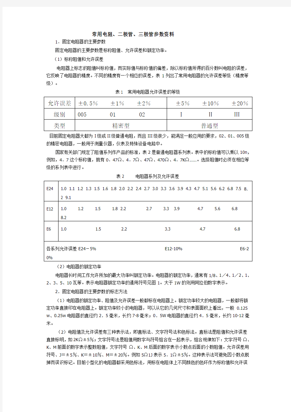 常用电阻 二极管 三极管参数资料